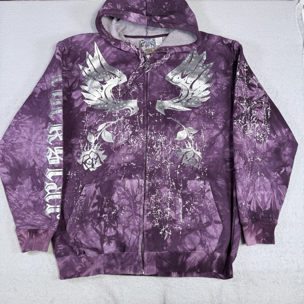 GAMA Mens XL Purple Tie Dye Skull Guitar Rhinestone Full Zip Hoodie Y2K